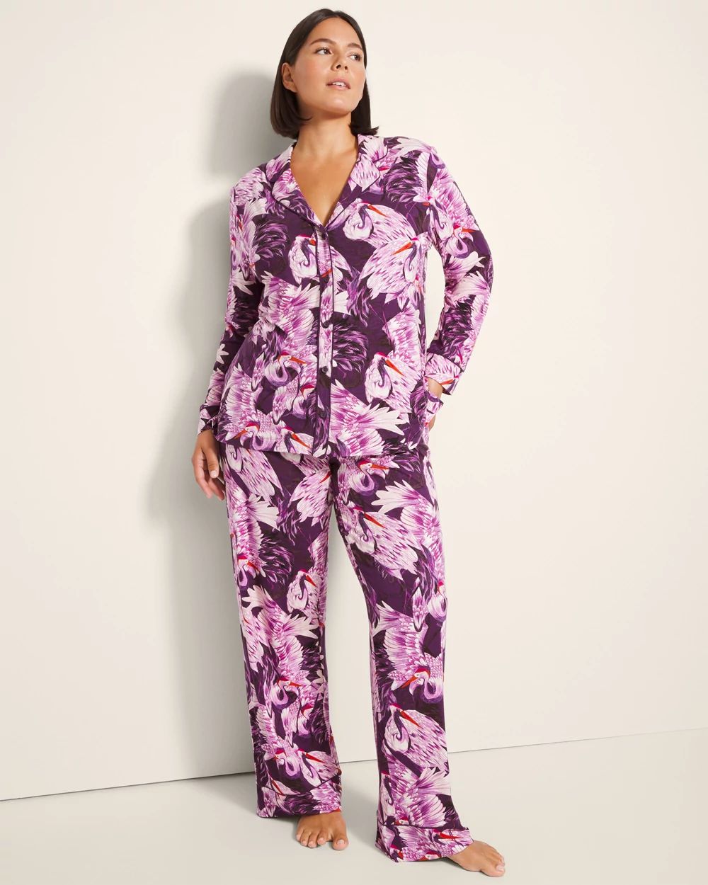 Long-Sleeve Printed Notch Collar Pajama Top | Soma